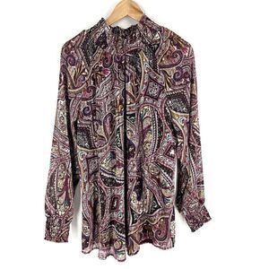 Chicos Top Size Large 2 Womens Purple Paisley Smocked Long Sleeve Satin Shirt